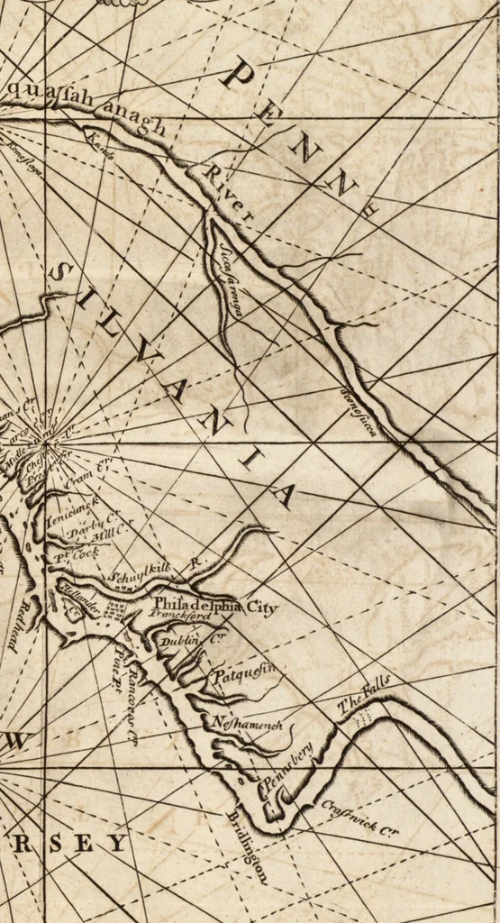 An illustration from The English pilot. [cartographic material] : The fourth book. Describing The West-India navigation, from Hudson's Bay to the River Amazones. Particularly delineating The Sea Coasts, Capes, Headlands, Rivers, Bays, Roads, Havens, Harbours, Streights, Rocks, Sands, Shoals, Banks, Depths of Water, and Anchorage, with all the Islands therein, as Jamaica, Cuba, Hispaniola, Barbadoes, Antigua, Bermudas, Porto Rico, and the rest of the Caribbee and Bahama Islands. Also, A new Description of Newfoundland, New England, New York, East and West New- Jersey, Dellawar Bay, Virginia, Maryland, Carolina. showing, The Courses and Distances from one Place to another; the Ebbing and Flowing of the Sea, the Setting of the Tides and Currents, &c. With many other Things necessary to be known in Navigation., 1775, leaf 48