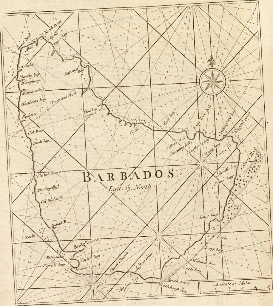 An illustration from The English pilot. [cartographic material] : The fourth book. Describing The West-India navigation, from Hudson's Bay to the River Amazones. Particularly delineating The Sea Coasts, Capes, Headlands, Rivers, Bays, Roads, Havens, Harbours, Streights, Rocks, Sands, Shoals, Banks, Depths of Water, and Anchorage, with all the Islands therein, as Jamaica, Cuba, Hispaniola, Barbadoes, Antigua, Bermudas, Porto Rico, and the rest of the Caribbee and Bahama Islands. Also, A new Description of Newfoundland, New England, New York, East and West New- Jersey, Dellawar Bay, Virginia, Maryland, Carolina. showing, The Courses and Distances from one Place to another; the Ebbing and Flowing of the Sea, the Setting of the Tides and Currents, &c. With many other Things necessary to be known in Navigation., 1775, leaf 53