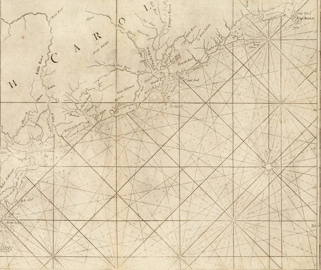 An illustration from The English pilot. [cartographic material] : The fourth book. Describing The West-India navigation, from Hudson's Bay to the River Amazones. Particularly delineating The Sea Coasts, Capes, Headlands, Rivers, Bays, Roads, Havens, Harbours, Streights, Rocks, Sands, Shoals, Banks, Depths of Water, and Anchorage, with all the Islands therein, as Jamaica, Cuba, Hispaniola, Barbadoes, Antigua, Bermudas, Porto Rico, and the rest of the Caribbee and Bahama Islands. Also, A new Description of Newfoundland, New England, New York, East and West New- Jersey, Dellawar Bay, Virginia, Maryland, Carolina. showing, The Courses and Distances from one Place to another; the Ebbing and Flowing of the Sea, the Setting of the Tides and Currents, &c. With many other Things necessary to be known in Navigation., 1775, leaf 62