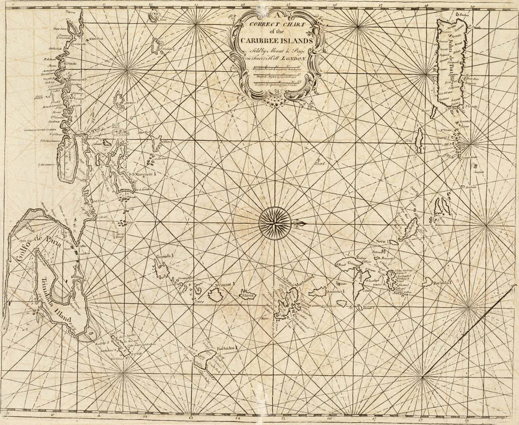 An illustration from The English pilot. [cartographic material] : The fourth book. Describing The West-India navigation, from Hudson's Bay to the River Amazones. Particularly delineating The Sea Coasts, Capes, Headlands, Rivers, Bays, Roads, Havens, Harbours, Streights, Rocks, Sands, Shoals, Banks, Depths of Water, and Anchorage, with all the Islands therein, as Jamaica, Cuba, Hispaniola, Barbadoes, Antigua, Bermudas, Porto Rico, and the rest of the Caribbee and Bahama Islands. Also, A new Description of Newfoundland, New England, New York, East and West New- Jersey, Dellawar Bay, Virginia, Maryland, Carolina. showing, The Courses and Distances from one Place to another; the Ebbing and Flowing of the Sea, the Setting of the Tides and Currents, &c. With many other Things necessary to be known in Navigation., 1775, leaf 68