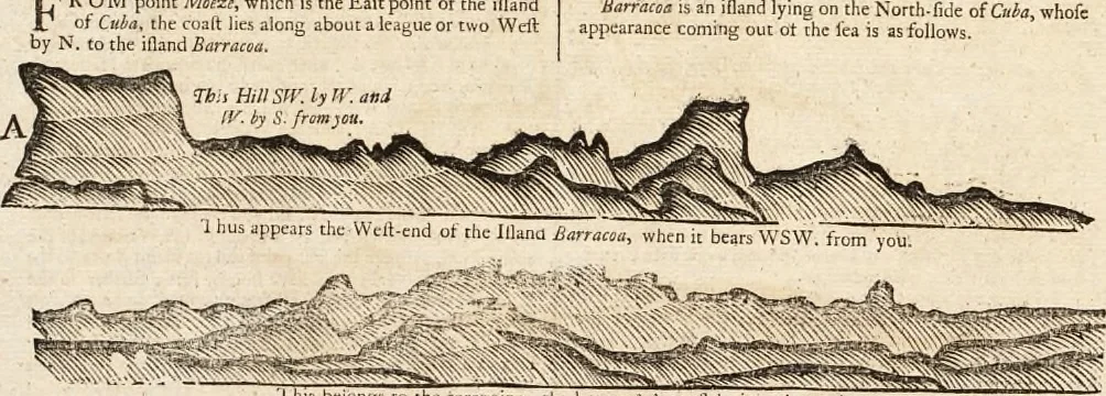An illustration from The English pilot. [cartographic material] : The fourth book. Describing The West-India navigation, from Hudson's Bay to the River Amazones. Particularly delineating The Sea Coasts, Capes, Headlands, Rivers, Bays, Roads, Havens, Harbours, Streights, Rocks, Sands, Shoals, Banks, Depths of Water, and Anchorage, with all the Islands therein, as Jamaica, Cuba, Hispaniola, Barbadoes, Antigua, Bermudas, Porto Rico, and the rest of the Caribbee and Bahama Islands. Also, A new Description of Newfoundland, New England, New York, East and West New- Jersey, Dellawar Bay, Virginia, Maryland, Carolina. showing, The Courses and Distances from one Place to another; the Ebbing and Flowing of the Sea, the Setting of the Tides and Currents, &c. With many other Things necessary to be known in Navigation., 1775, leaf 77