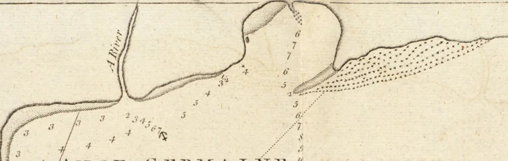 An illustration from The English pilot. [cartographic material] : The fourth book. Describing The West-India navigation, from Hudson's Bay to the River Amazones. Particularly delineating The Sea Coasts, Capes, Headlands, Rivers, Bays, Roads, Havens, Harbours, Streights, Rocks, Sands, Shoals, Banks, Depths of Water, and Anchorage, with all the Islands therein, as Jamaica, Cuba, Hispaniola, Barbadoes, Antigua, Bermudas, Porto Rico, and the rest of the Caribbee and Bahama Islands. Also, A new Description of Newfoundland, New England, New York, East and West New- Jersey, Dellawar Bay, Virginia, Maryland, Carolina. showing, The Courses and Distances from one Place to another; the Ebbing and Flowing of the Sea, the Setting of the Tides and Currents, &c. With many other Things necessary to be known in Navigation., 1775, leaf 80