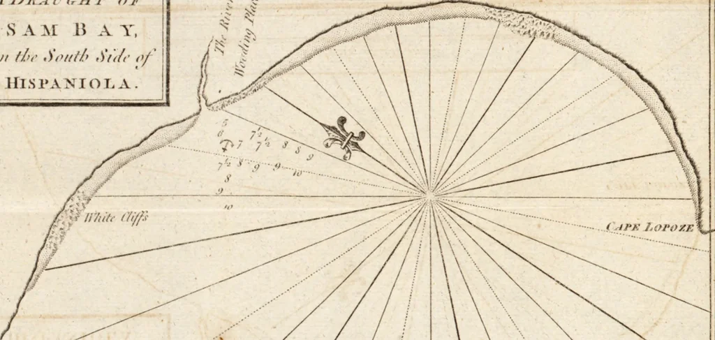 An illustration from The English pilot. [cartographic material] : The fourth book. Describing The West-India navigation, from Hudson's Bay to the River Amazones. Particularly delineating The Sea Coasts, Capes, Headlands, Rivers, Bays, Roads, Havens, Harbours, Streights, Rocks, Sands, Shoals, Banks, Depths of Water, and Anchorage, with all the Islands therein, as Jamaica, Cuba, Hispaniola, Barbadoes, Antigua, Bermudas, Porto Rico, and the rest of the Caribbee and Bahama Islands. Also, A new Description of Newfoundland, New England, New York, East and West New- Jersey, Dellawar Bay, Virginia, Maryland, Carolina. showing, The Courses and Distances from one Place to another; the Ebbing and Flowing of the Sea, the Setting of the Tides and Currents, &c. With many other Things necessary to be known in Navigation., 1775, leaf 80