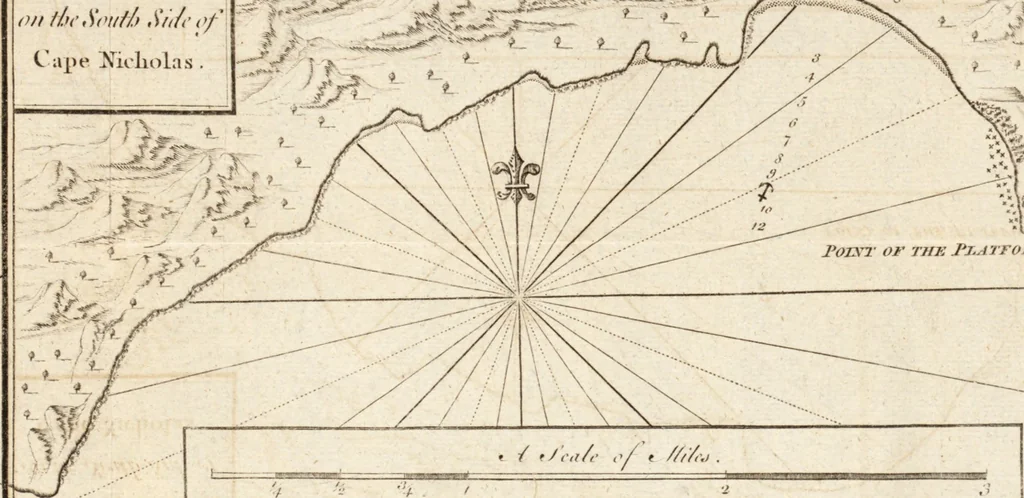 An illustration from The English pilot. [cartographic material] : The fourth book. Describing The West-India navigation, from Hudson's Bay to the River Amazones. Particularly delineating The Sea Coasts, Capes, Headlands, Rivers, Bays, Roads, Havens, Harbours, Streights, Rocks, Sands, Shoals, Banks, Depths of Water, and Anchorage, with all the Islands therein, as Jamaica, Cuba, Hispaniola, Barbadoes, Antigua, Bermudas, Porto Rico, and the rest of the Caribbee and Bahama Islands. Also, A new Description of Newfoundland, New England, New York, East and West New- Jersey, Dellawar Bay, Virginia, Maryland, Carolina. showing, The Courses and Distances from one Place to another; the Ebbing and Flowing of the Sea, the Setting of the Tides and Currents, &c. With many other Things necessary to be known in Navigation., 1775, leaf 80