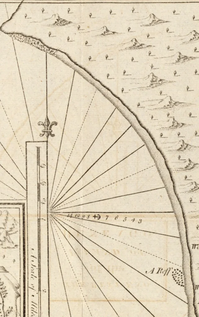An illustration from The English pilot. [cartographic material] : The fourth book. Describing The West-India navigation, from Hudson's Bay to the River Amazones. Particularly delineating The Sea Coasts, Capes, Headlands, Rivers, Bays, Roads, Havens, Harbours, Streights, Rocks, Sands, Shoals, Banks, Depths of Water, and Anchorage, with all the Islands therein, as Jamaica, Cuba, Hispaniola, Barbadoes, Antigua, Bermudas, Porto Rico, and the rest of the Caribbee and Bahama Islands. Also, A new Description of Newfoundland, New England, New York, East and West New- Jersey, Dellawar Bay, Virginia, Maryland, Carolina. showing, The Courses and Distances from one Place to another; the Ebbing and Flowing of the Sea, the Setting of the Tides and Currents, &c. With many other Things necessary to be known in Navigation., 1775, leaf 80