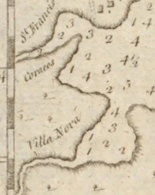 An illustration from The English pilot. [cartographic material] : The fourth book. Describing The West-India navigation, from Hudson's Bay to the River Amazones. Particularly delineating The Sea Coasts, Capes, Headlands, Rivers, Bays, Roads, Havens, Harbours, Streights, Rocks, Sands, Shoals, Banks, Depths of Water, and Anchorage, with all the Islands therein, as Jamaica, Cuba, Hispaniola, Barbadoes, Antigua, Bermudas, Porto Rico, and the rest of the Caribbee and Bahama Islands. Also, A new Description of Newfoundland, New England, New York, East and West New- Jersey, Dellawar Bay, Virginia, Maryland, Carolina. showing, The Courses and Distances from one Place to another; the Ebbing and Flowing of the Sea, the Setting of the Tides and Currents, &c. With many other Things necessary to be known in Navigation., 1775, leaf 82
