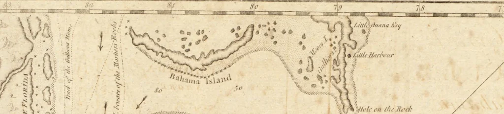 An illustration from The English pilot. [cartographic material] : The fourth book. Describing The West-India navigation, from Hudson's Bay to the River Amazones. Particularly delineating The Sea Coasts, Capes, Headlands, Rivers, Bays, Roads, Havens, Harbours, Streights, Rocks, Sands, Shoals, Banks, Depths of Water, and Anchorage, with all the Islands therein, as Jamaica, Cuba, Hispaniola, Barbadoes, Antigua, Bermudas, Porto Rico, and the rest of the Caribbee and Bahama Islands. Also, A new Description of Newfoundland, New England, New York, East and West New- Jersey, Dellawar Bay, Virginia, Maryland, Carolina. showing, The Courses and Distances from one Place to another; the Ebbing and Flowing of the Sea, the Setting of the Tides and Currents, &c. With many other Things necessary to be known in Navigation., 1775, leaf 82
