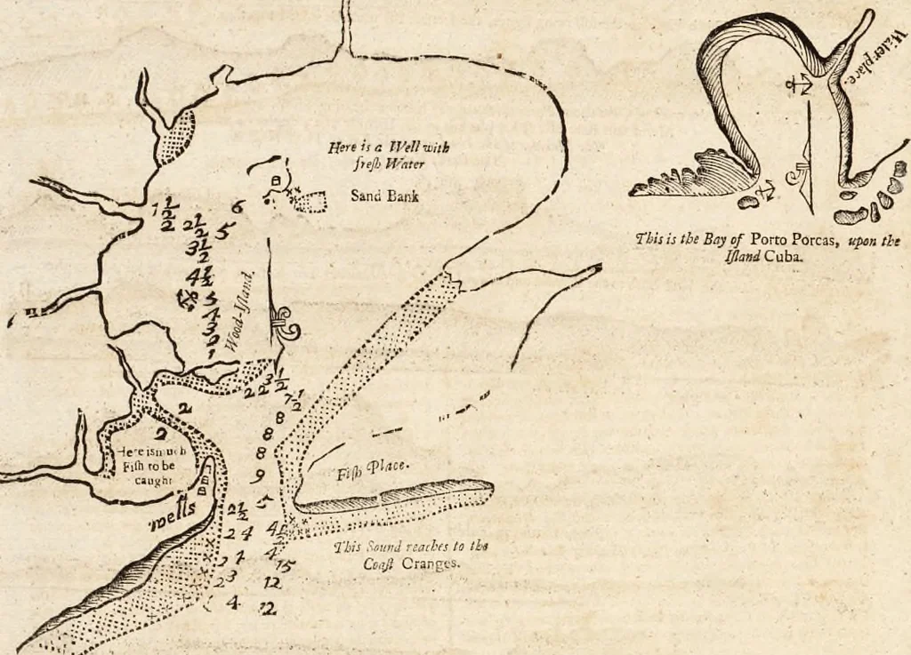 An illustration from The English pilot. [cartographic material] : The fourth book. Describing The West-India navigation, from Hudson's Bay to the River Amazones. Particularly delineating The Sea Coasts, Capes, Headlands, Rivers, Bays, Roads, Havens, Harbours, Streights, Rocks, Sands, Shoals, Banks, Depths of Water, and Anchorage, with all the Islands therein, as Jamaica, Cuba, Hispaniola, Barbadoes, Antigua, Bermudas, Porto Rico, and the rest of the Caribbee and Bahama Islands. Also, A new Description of Newfoundland, New England, New York, East and West New- Jersey, Dellawar Bay, Virginia, Maryland, Carolina. showing, The Courses and Distances from one Place to another; the Ebbing and Flowing of the Sea, the Setting of the Tides and Currents, &c. With many other Things necessary to be known in Navigation., 1775, leaf 85