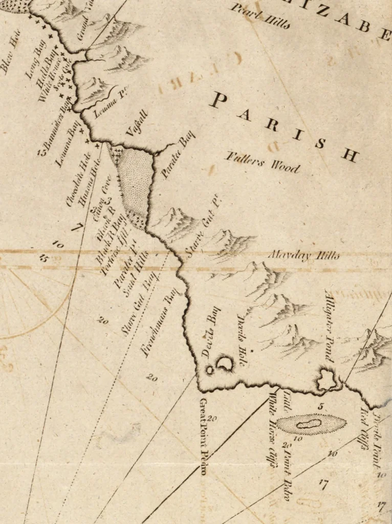 An illustration from The English pilot. [cartographic material] : The fourth book. Describing The West-India navigation, from Hudson's Bay to the River Amazones. Particularly delineating The Sea Coasts, Capes, Headlands, Rivers, Bays, Roads, Havens, Harbours, Streights, Rocks, Sands, Shoals, Banks, Depths of Water, and Anchorage, with all the Islands therein, as Jamaica, Cuba, Hispaniola, Barbadoes, Antigua, Bermudas, Porto Rico, and the rest of the Caribbee and Bahama Islands. Also, A new Description of Newfoundland, New England, New York, East and West New- Jersey, Dellawar Bay, Virginia, Maryland, Carolina. showing, The Courses and Distances from one Place to another; the Ebbing and Flowing of the Sea, the Setting of the Tides and Currents, &c. With many other Things necessary to be known in Navigation., 1775, leaf 94