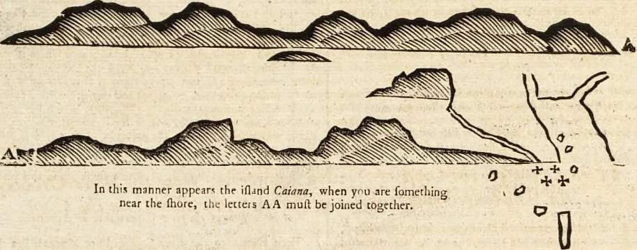An illustration from The English pilot. [cartographic material] : The fourth book. Describing The West-India navigation, from Hudson's Bay to the River Amazones. Particularly delineating The Sea Coasts, Capes, Headlands, Rivers, Bays, Roads, Havens, Harbours, Streights, Rocks, Sands, Shoals, Banks, Depths of Water, and Anchorage, with all the Islands therein, as Jamaica, Cuba, Hispaniola, Barbadoes, Antigua, Bermudas, Porto Rico, and the rest of the Caribbee and Bahama Islands. Also, A new Description of Newfoundland, New England, New York, East and West New- Jersey, Dellawar Bay, Virginia, Maryland, Carolina. showing, The Courses and Distances from one Place to another; the Ebbing and Flowing of the Sea, the Setting of the Tides and Currents, &c. With many other Things necessary to be known in Navigation., 1775, leaf 97