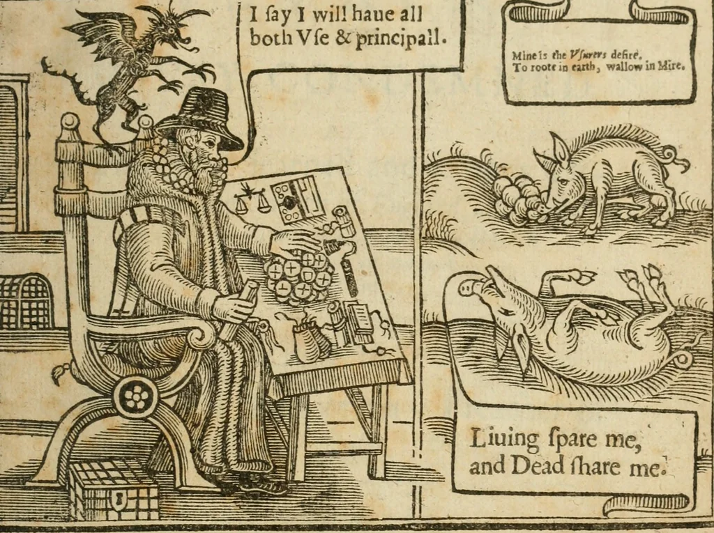 An illustration from The English vsvrer; or Vsvry condemned, by the most learned and famous diuines of the Church of England, and dedicated to all his Maiesties subiects, for the stay of further increase of the same, 1634, leaf 8