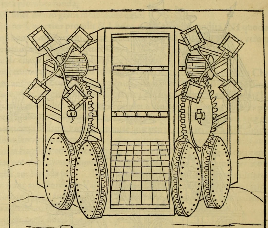 An illustration from En tibi lector Robertum Valturium ... De re militari libris XII : multò emaculatius, ac picturis, quae plurimae in eo sunt, elegantioribus expressum, quàm cùm Veronae ... anno M.cccclxxxiii. inuulgaretur, 1534, leaf 248