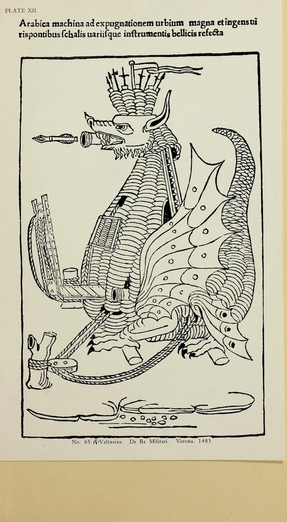 An illustration from En tibi lector Robertum Valturium ... De re militari libris XII : multò emaculatius, ac picturis, quae plurimae in eo sunt, elegantioribus expressum, quàm cùm Veronae ... anno M.cccclxxxiii. inuulgaretur, 1534, leaf 407