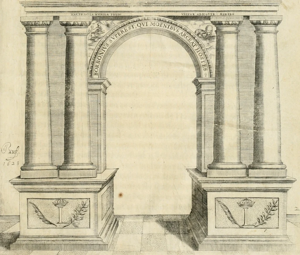 An illustration from Entree de Loys XIII. roy de France et de Navarre dans sa ville d'Arles, le xxix octobre M. DC. XXII. : estans consuls et gouuerneurs de ladicte ville Pierre de Boches & Nicolas Dycard de l'estat des nobles, & Gauchier Peint & Claude Ianim de celuy des bourgeois, 1623, leaf 26