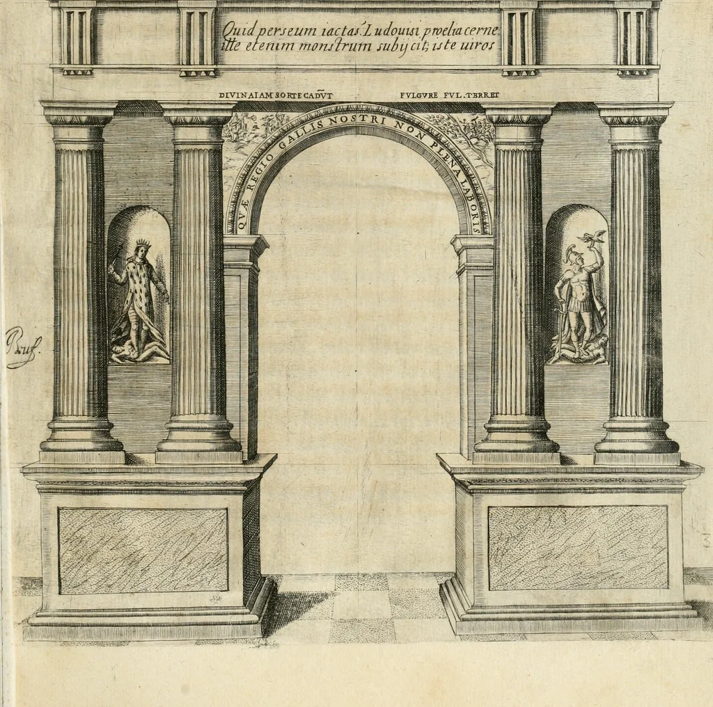 An illustration from Entree de Loys XIII. roy de France et de Navarre dans sa ville d'Arles, le xxix octobre M. DC. XXII. : estans consuls et gouuerneurs de ladicte ville Pierre de Boches & Nicolas Dycard de l'estat des nobles, & Gauchier Peint & Claude Ianim de celuy des bourgeois, 1623, leaf 32