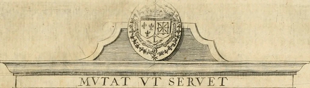 An illustration from Entree de Loys XIII. roy de France et de Navarre dans sa ville d'Arles, le xxix octobre M. DC. XXII. : estans consuls et gouuerneurs de ladicte ville Pierre de Boches & Nicolas Dycard de l'estat des nobles, & Gauchier Peint & Claude Ianim de celuy des bourgeois, 1623, leaf 40