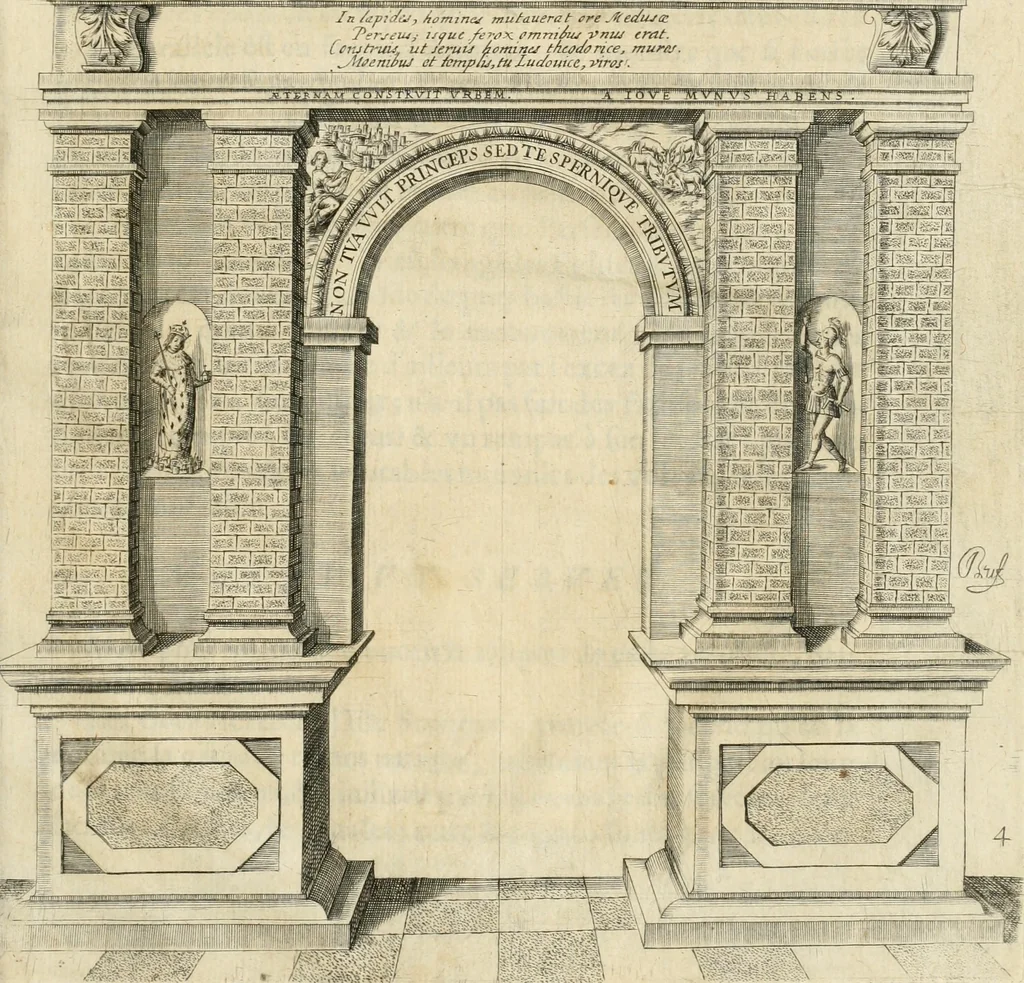 An illustration from Entree de Loys XIII. roy de France et de Navarre dans sa ville d'Arles, le xxix octobre M. DC. XXII. : estans consuls et gouuerneurs de ladicte ville Pierre de Boches & Nicolas Dycard de l'estat des nobles, & Gauchier Peint & Claude Ianim de celuy des bourgeois, 1623, leaf 40