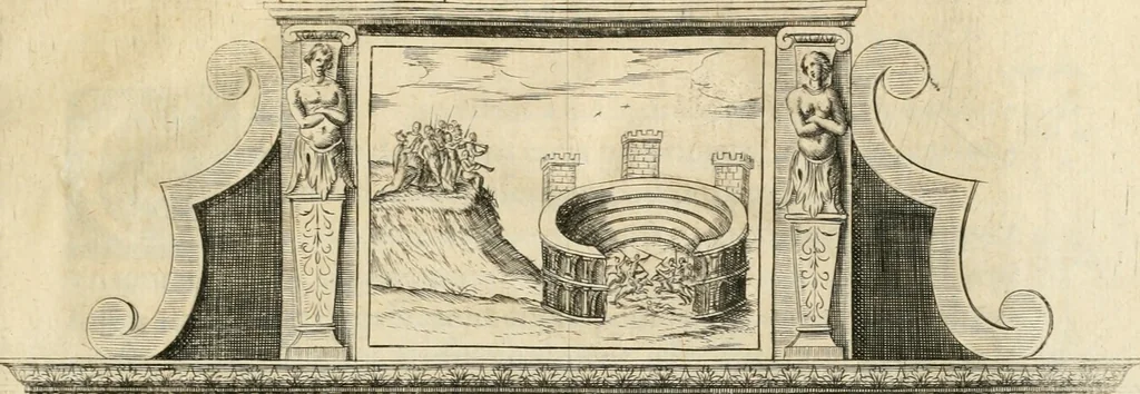 An illustration from Entree de Loys XIII. roy de France et de Navarre dans sa ville d'Arles, le xxix octobre M. DC. XXII. : estans consuls et gouuerneurs de ladicte ville Pierre de Boches & Nicolas Dycard de l'estat des nobles, & Gauchier Peint & Claude Ianim de celuy des bourgeois, 1623, leaf 48