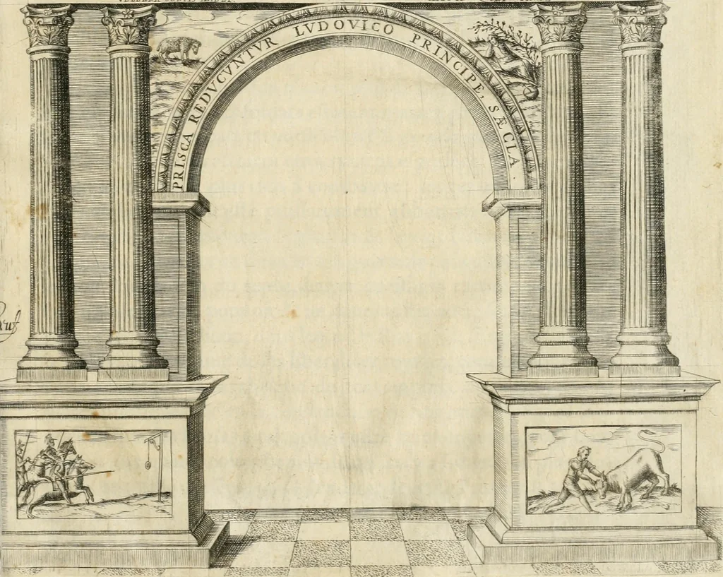 An illustration from Entree de Loys XIII. roy de France et de Navarre dans sa ville d'Arles, le xxix octobre M. DC. XXII. : estans consuls et gouuerneurs de ladicte ville Pierre de Boches & Nicolas Dycard de l'estat des nobles, & Gauchier Peint & Claude Ianim de celuy des bourgeois, 1623, leaf 48