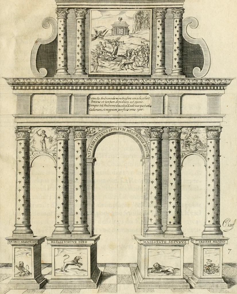 An illustration from Entree de Loys XIII. roy de France et de Navarre dans sa ville d'Arles, le xxix octobre M. DC. XXII. : estans consuls et gouuerneurs de ladicte ville Pierre de Boches & Nicolas Dycard de l'estat des nobles, & Gauchier Peint & Claude Ianim de celuy des bourgeois, 1623, leaf 62