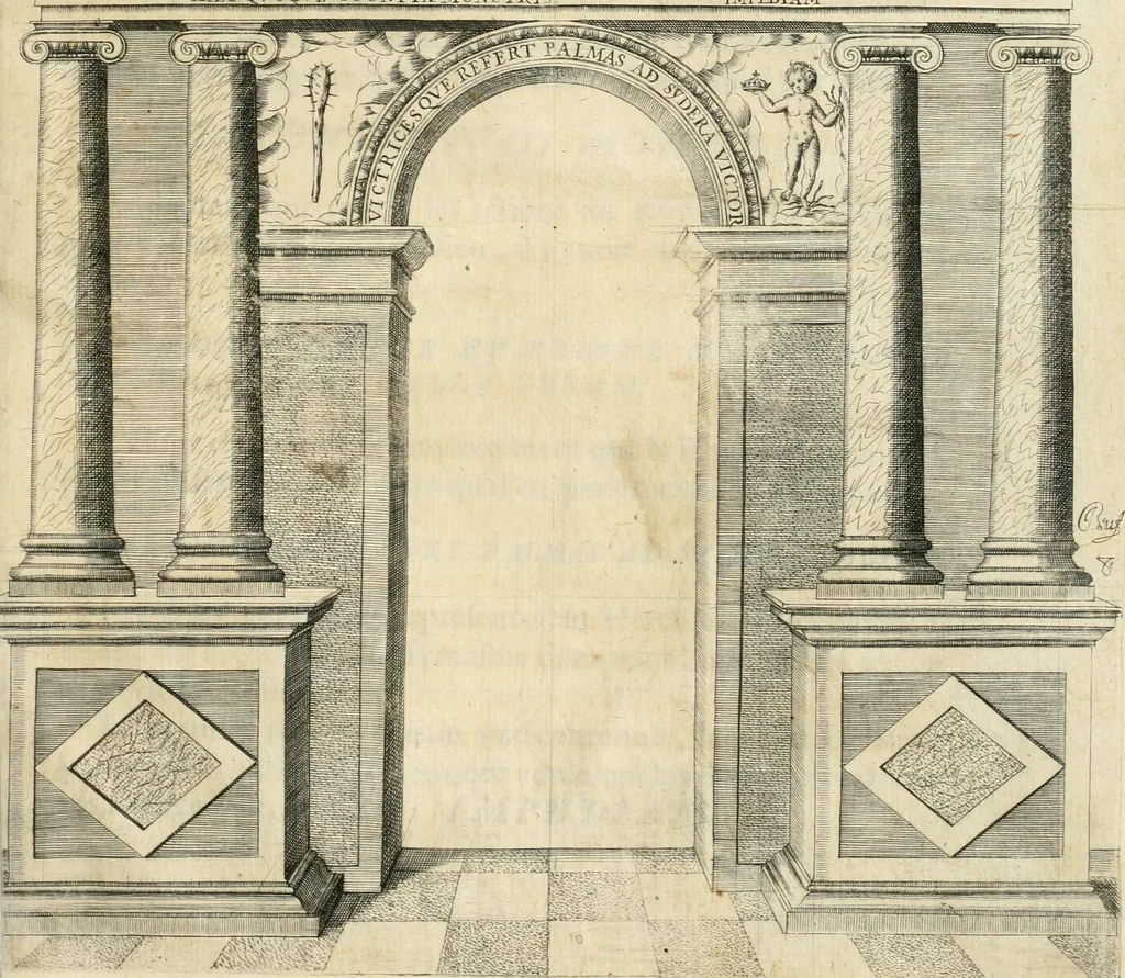 An illustration from Entree de Loys XIII. roy de France et de Navarre dans sa ville d'Arles, le xxix octobre M. DC. XXII. : estans consuls et gouuerneurs de ladicte ville Pierre de Boches & Nicolas Dycard de l'estat des nobles, & Gauchier Peint & Claude Ianim de celuy des bourgeois, 1623, leaf 70