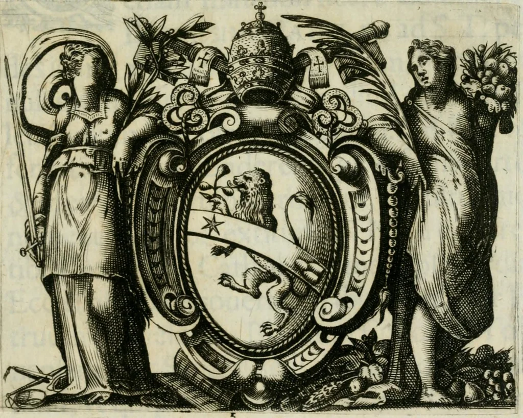 An illustration from Epigrammata Gvilielmi Blanci albiensis ivrisconsvlti in obeliscvm : mirae magnitudinis ex Aegypto quondam à Caio Caligula Romam aduectum, & deinde in Circo Vaticano erectum : iamq. ruderibus penè obrutum in mediam S. Petri aream à Sixto V. Pont. Max. translatum, & superimposita Cruce Christianae Religioni dedicatum : accesserunt ad S.D.N. Sixtvm V. Pont. Max. aliquot eiusdem Blanci anagrammata & epigrammata : cum libello de ratione anagrammatismi ad lectorem, 1586, leaf 4