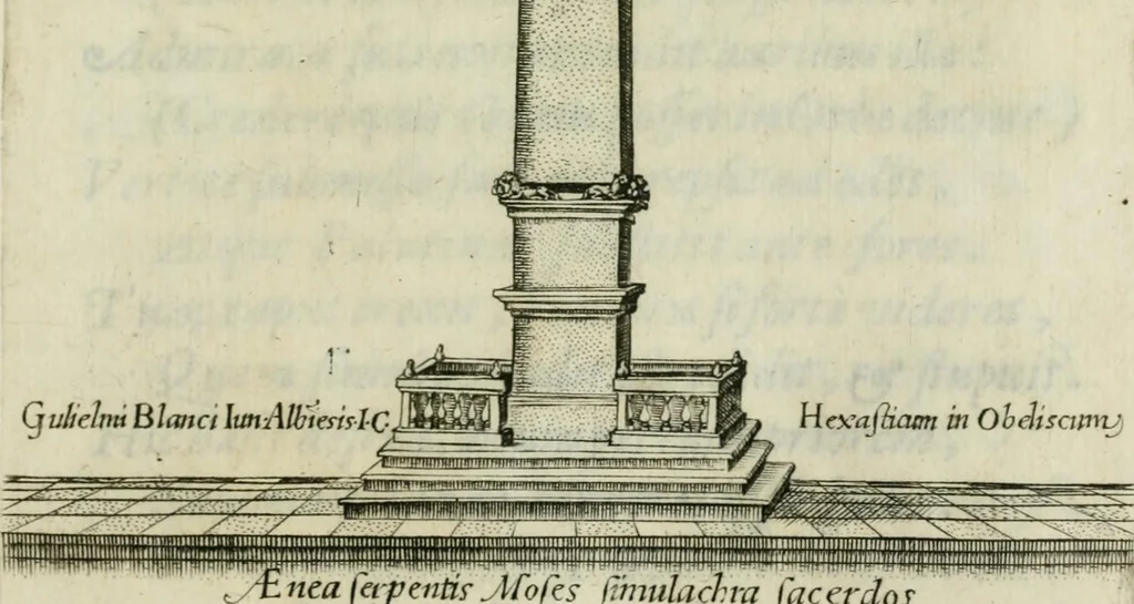 An illustration from Epigrammata Gvilielmi Blanci albiensis ivrisconsvlti in obeliscvm : mirae magnitudinis ex Aegypto quondam à Caio Caligula Romam aduectum, & deinde in Circo Vaticano erectum : iamq. ruderibus penè obrutum in mediam S. Petri aream à Sixto V. Pont. Max. translatum, & superimposita Cruce Christianae Religioni dedicatum : accesserunt ad S.D.N. Sixtvm V. Pont. Max. aliquot eiusdem Blanci anagrammata & epigrammata : cum libello de ratione anagrammatismi ad lectorem, 1586, leaf 8