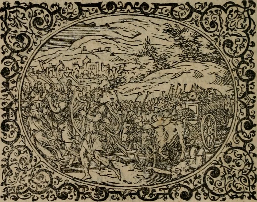 An illustration from Epigrammata Philippi Melanthonis selectiora : formvlis precvm, historiis, paraphrasi dictorum diuinorum, & sententijs grauissimis maxime insignia, 1583, leaf 107