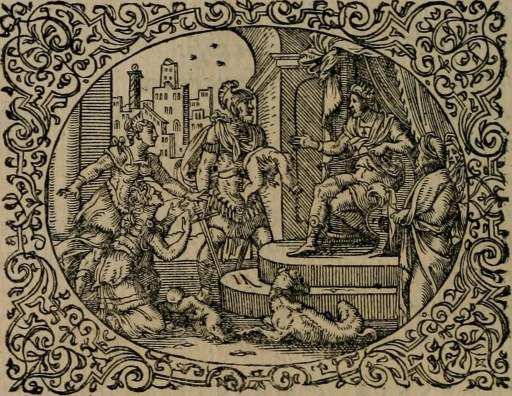 An illustration from Epigrammata Philippi Melanthonis selectiora : formvlis precvm, historiis, paraphrasi dictorum diuinorum, & sententijs grauissimis maxime insignia, 1583, leaf 111