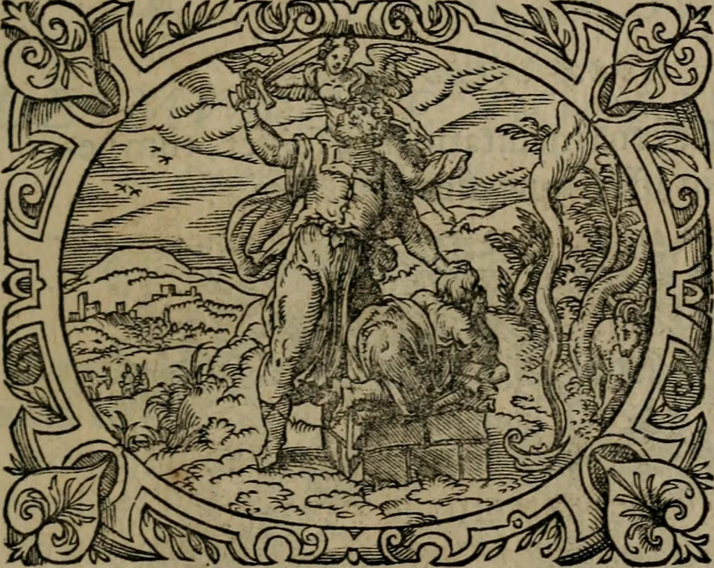 An illustration from Epigrammata Philippi Melanthonis selectiora : formvlis precvm, historiis, paraphrasi dictorum diuinorum, & sententijs grauissimis maxime insignia, 1583, leaf 114