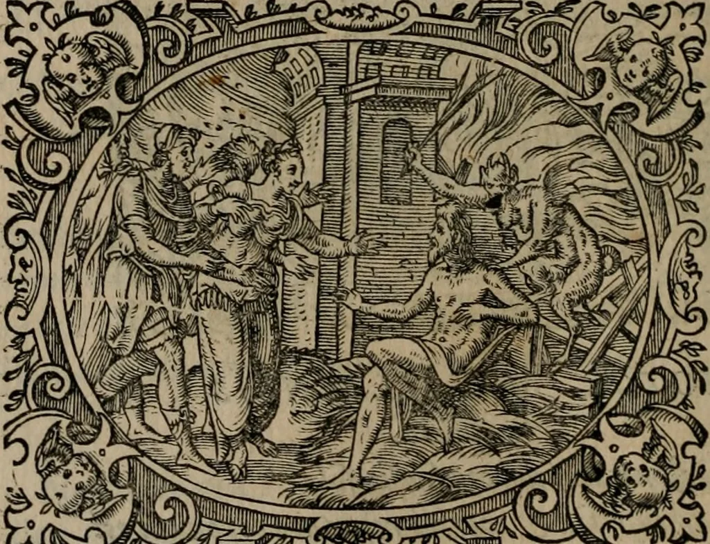 An illustration from Epigrammata Philippi Melanthonis selectiora : formvlis precvm, historiis, paraphrasi dictorum diuinorum, & sententijs grauissimis maxime insignia, 1583, leaf 115