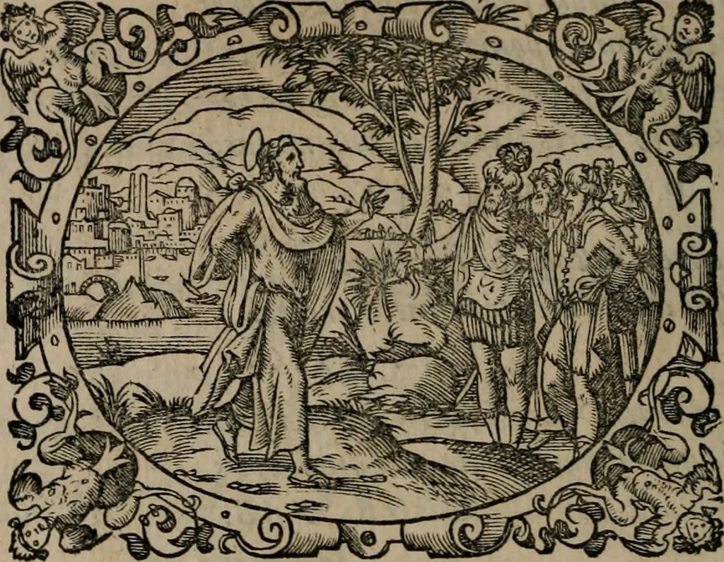 An illustration from Epigrammata Philippi Melanthonis selectiora : formvlis precvm, historiis, paraphrasi dictorum diuinorum, & sententijs grauissimis maxime insignia, 1583, leaf 117