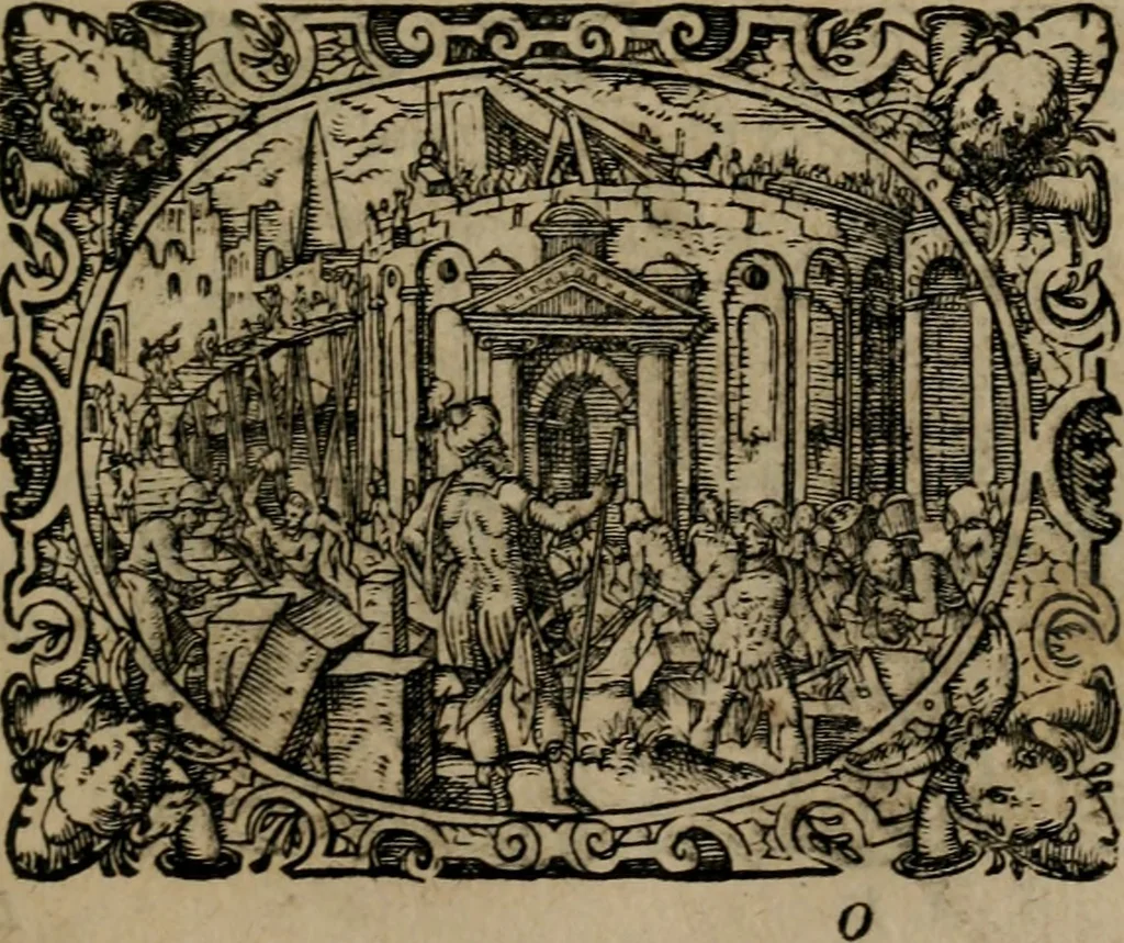 An illustration from Epigrammata Philippi Melanthonis selectiora : formvlis precvm, historiis, paraphrasi dictorum diuinorum, & sententijs grauissimis maxime insignia, 1583, leaf 126
