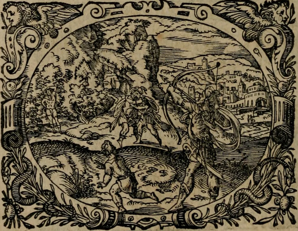 An illustration from Epigrammata Philippi Melanthonis selectiora : formvlis precvm, historiis, paraphrasi dictorum diuinorum, & sententijs grauissimis maxime insignia, 1583, leaf 127