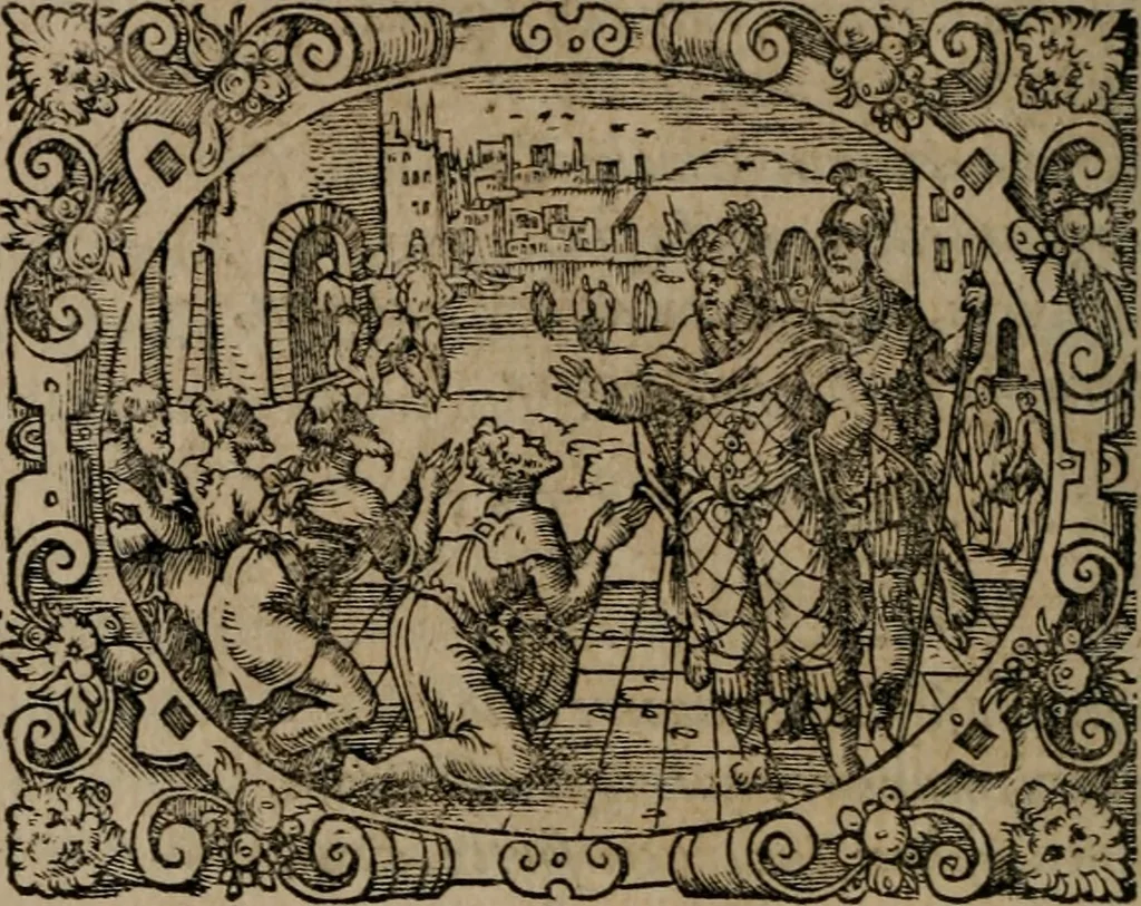 An illustration from Epigrammata Philippi Melanthonis selectiora : formvlis precvm, historiis, paraphrasi dictorum diuinorum, & sententijs grauissimis maxime insignia, 1583, leaf 129