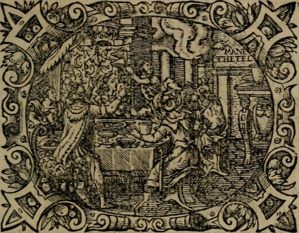 An illustration from Epigrammata Philippi Melanthonis selectiora : formvlis precvm, historiis, paraphrasi dictorum diuinorum, & sententijs grauissimis maxime insignia, 1583, leaf 130