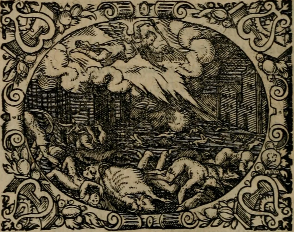 An illustration from Epigrammata Philippi Melanthonis selectiora : formvlis precvm, historiis, paraphrasi dictorum diuinorum, & sententijs grauissimis maxime insignia, 1583, leaf 133