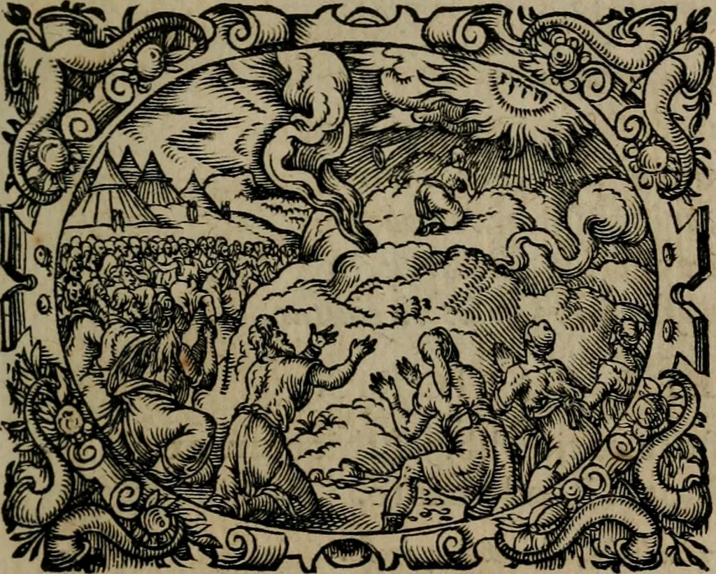 An illustration from Epigrammata Philippi Melanthonis selectiora : formvlis precvm, historiis, paraphrasi dictorum diuinorum, & sententijs grauissimis maxime insignia, 1583, leaf 134