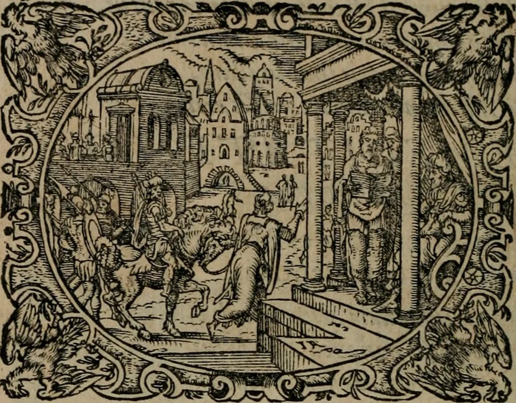 An illustration from Epigrammata Philippi Melanthonis selectiora : formvlis precvm, historiis, paraphrasi dictorum diuinorum, & sententijs grauissimis maxime insignia, 1583, leaf 153