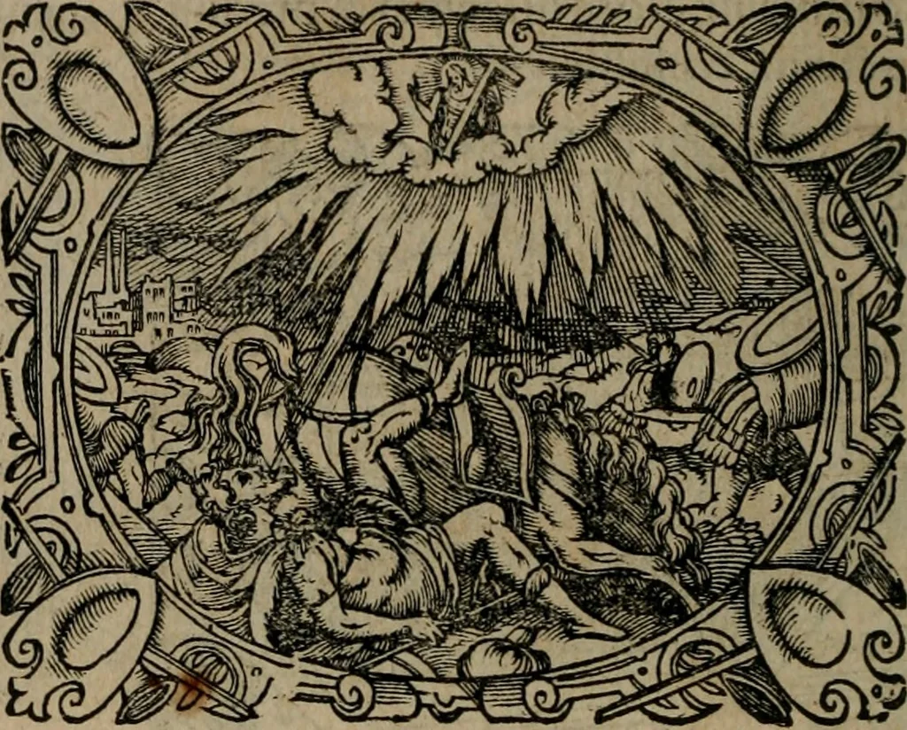 An illustration from Epigrammata Philippi Melanthonis selectiora : formvlis precvm, historiis, paraphrasi dictorum diuinorum, & sententijs grauissimis maxime insignia, 1583, leaf 155