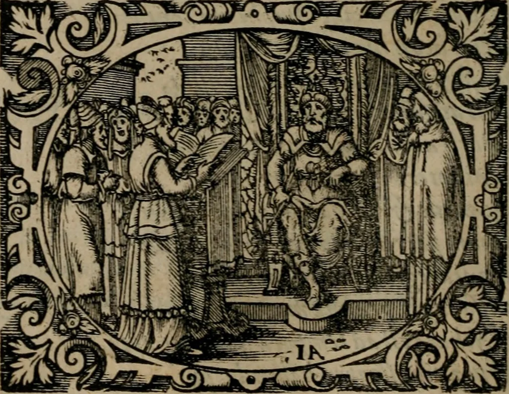 An illustration from Epigrammata Philippi Melanthonis selectiora : formvlis precvm, historiis, paraphrasi dictorum diuinorum, & sententijs grauissimis maxime insignia, 1583, leaf 157