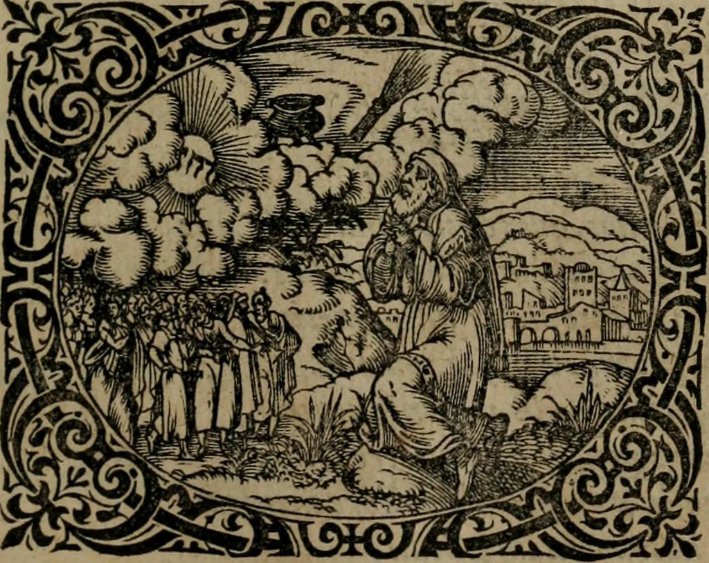 An illustration from Epigrammata Philippi Melanthonis selectiora : formvlis precvm, historiis, paraphrasi dictorum diuinorum, & sententijs grauissimis maxime insignia, 1583, leaf 158