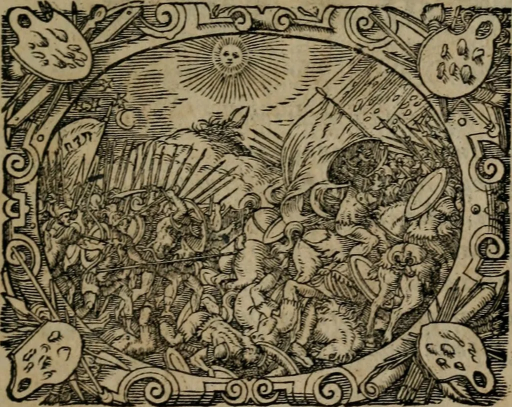 An illustration from Epigrammata Philippi Melanthonis selectiora : formvlis precvm, historiis, paraphrasi dictorum diuinorum, & sententijs grauissimis maxime insignia, 1583, leaf 162