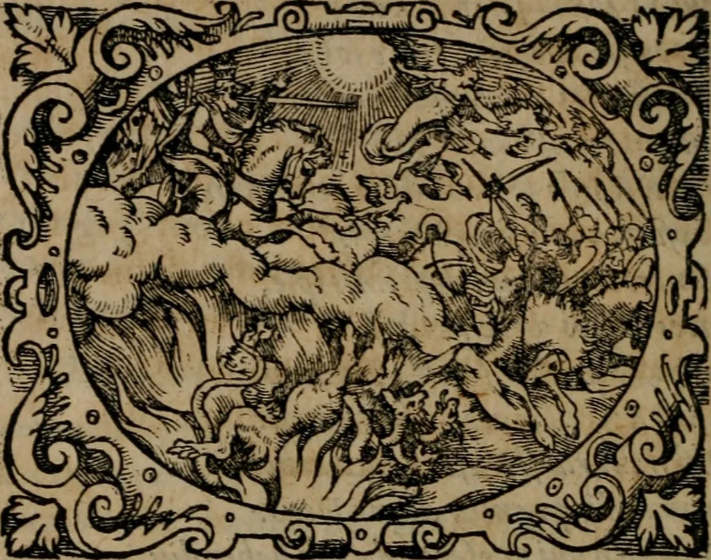 An illustration from Epigrammata Philippi Melanthonis selectiora : formvlis precvm, historiis, paraphrasi dictorum diuinorum, & sententijs grauissimis maxime insignia, 1583, leaf 171