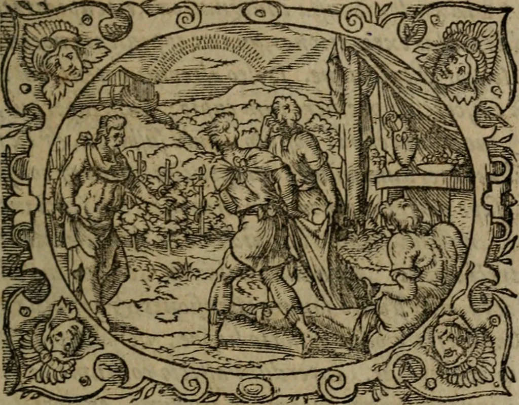 An illustration from Epigrammata Philippi Melanthonis selectiora : formvlis precvm, historiis, paraphrasi dictorum diuinorum, & sententijs grauissimis maxime insignia, 1583, leaf 180
