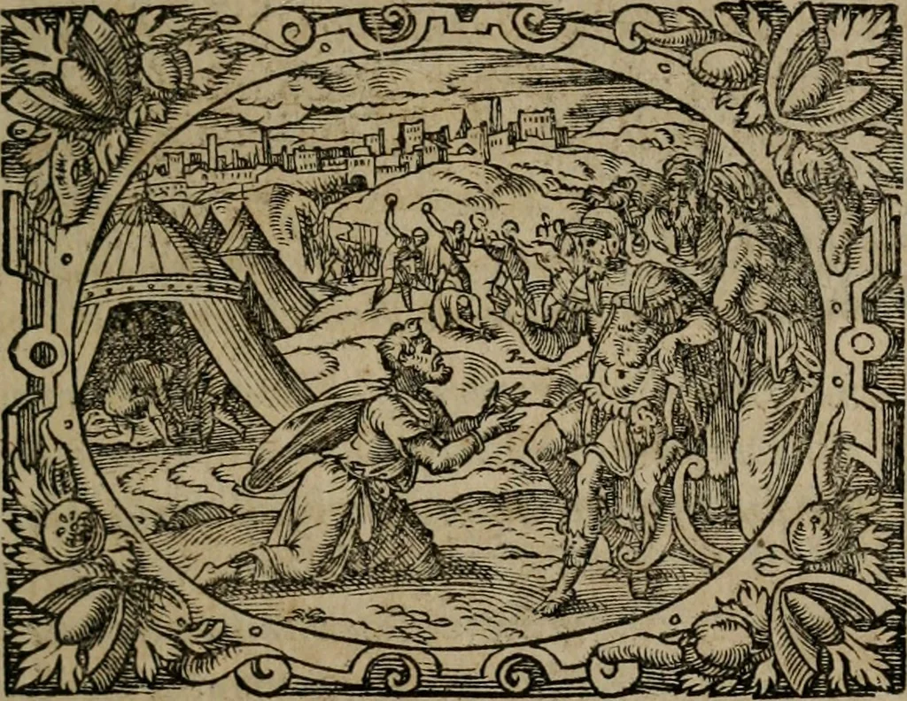 An illustration from Epigrammata Philippi Melanthonis selectiora : formvlis precvm, historiis, paraphrasi dictorum diuinorum, & sententijs grauissimis maxime insignia, 1583, leaf 182