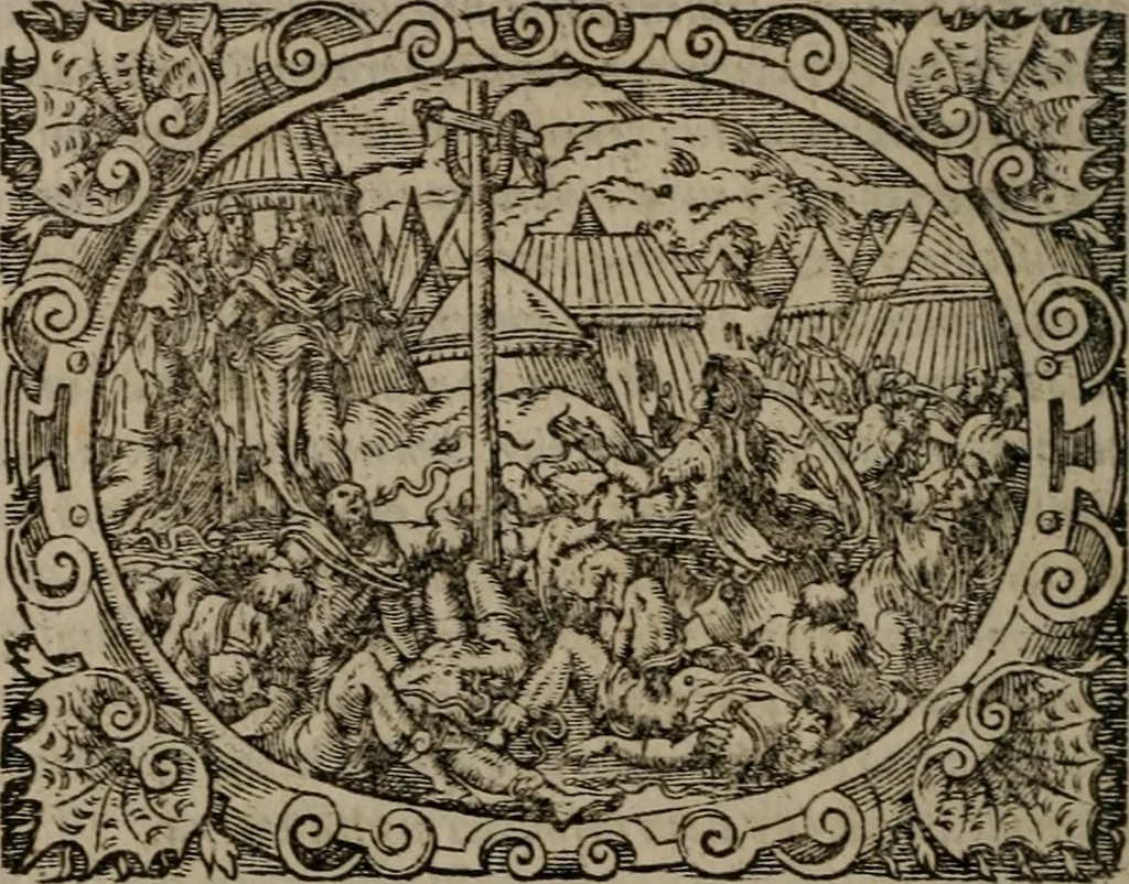An illustration from Epigrammata Philippi Melanthonis selectiora : formvlis precvm, historiis, paraphrasi dictorum diuinorum, & sententijs grauissimis maxime insignia, 1583, leaf 201