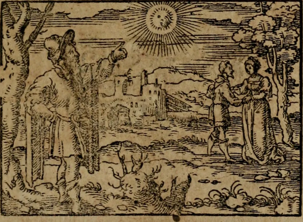 An illustration from Epigrammata Philippi Melanthonis selectiora : formvlis precvm, historiis, paraphrasi dictorum diuinorum, & sententijs grauissimis maxime insignia, 1583, leaf 252