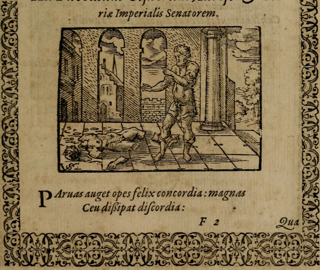 An illustration from Epigrammata Philippi Melanthonis selectiora : formvlis precvm, historiis, paraphrasi dictorum diuinorum, & sententijs grauissimis maxime insignia, 1583, leaf 260