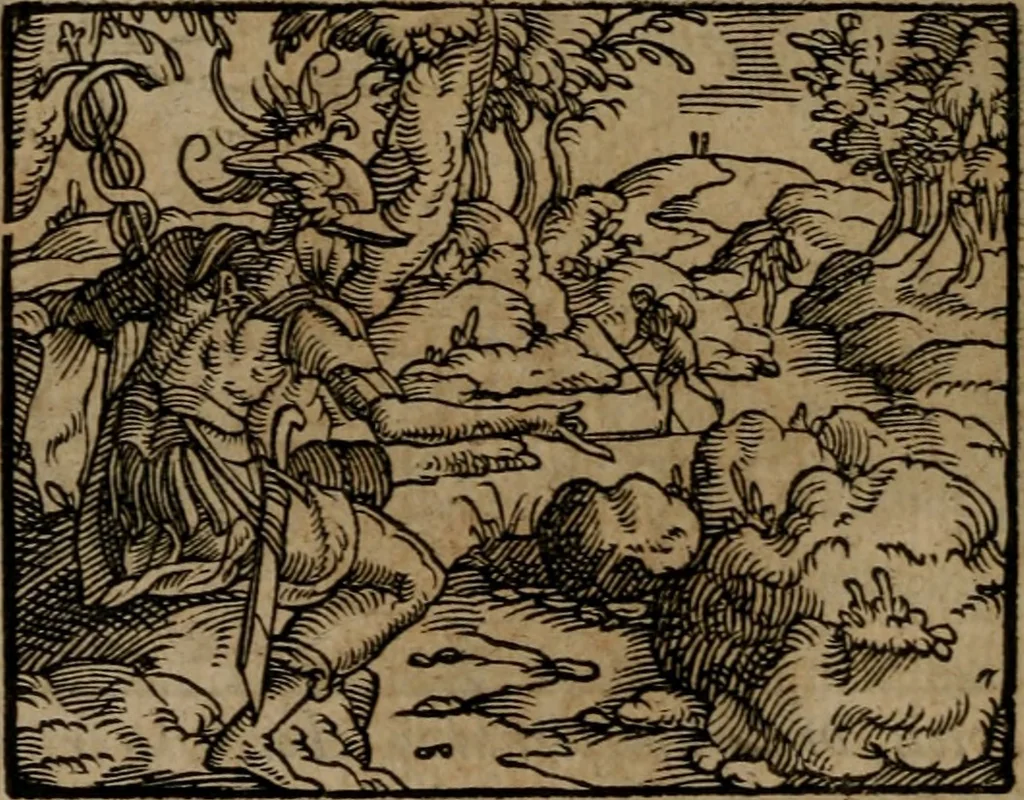 An illustration from Epigrammata Philippi Melanthonis selectiora : formvlis precvm, historiis, paraphrasi dictorum diuinorum, & sententijs grauissimis maxime insignia, 1583, leaf 275